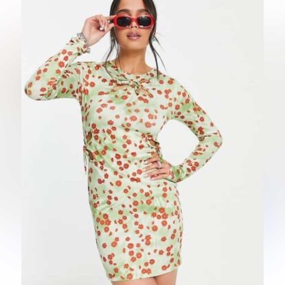 Another Reason long sleeve mini bodycon dress with waist cut outs floral print 8 - Picture 2 of 8